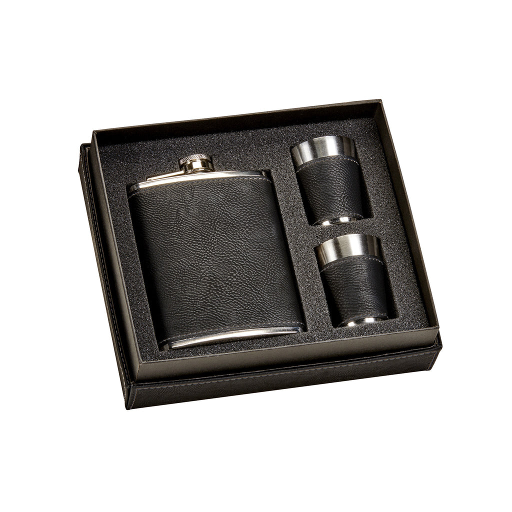 Black Leatherette Flask & Stainless Steel Shot Glass Set-0