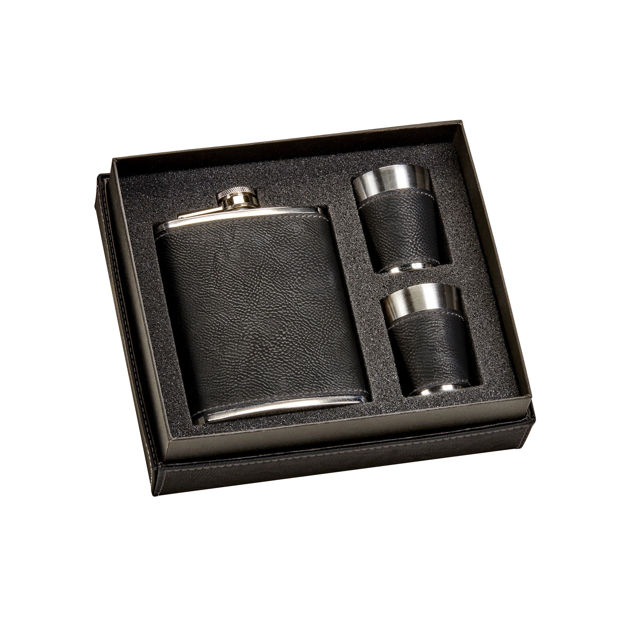 Black Leatherette Flask & Stainless Steel Shot Glass Set-0