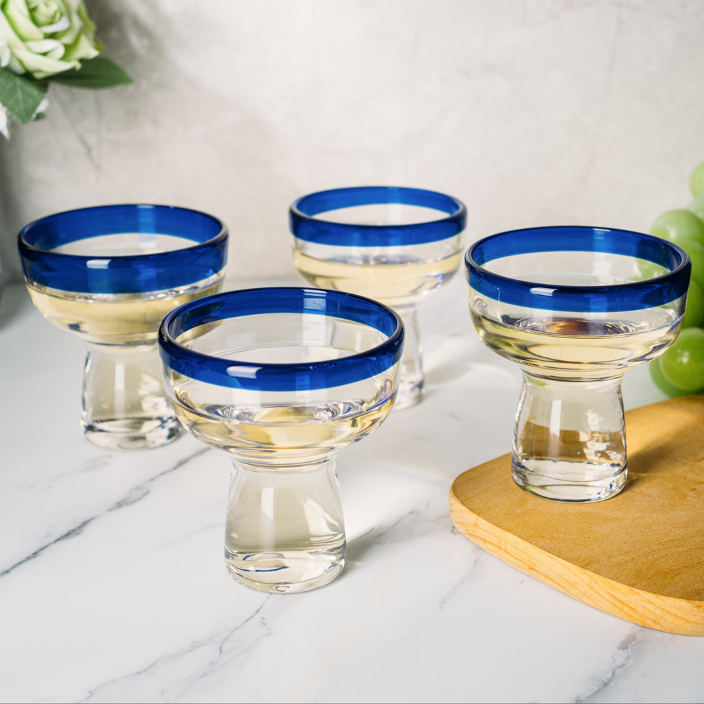 Mexican Hand Blown Blue Rim Margarita Glasses - Set of 4 - Stemless Glass Luxury Hand Blown Mexico Margarita, Martini & Champagne Glasses Cinco de Mayo Glass, Large Party Cobalt Mexico Blue Rim Design-3